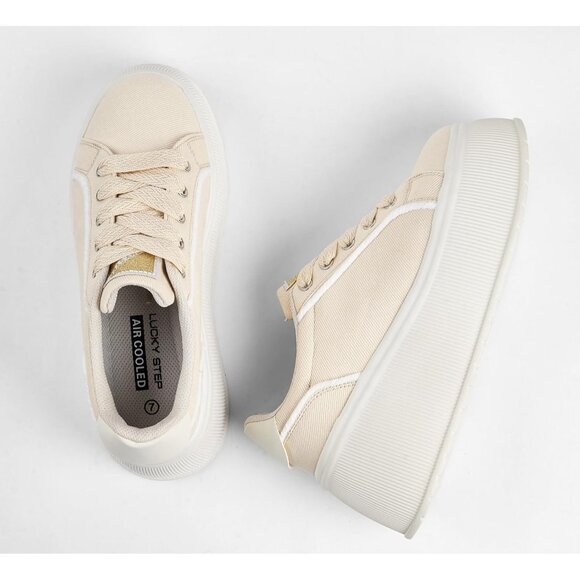 Lucky Step Women Beige Platform Low Top Classic Wedge Retro Canvas Sneakers - Picture 6 of 9